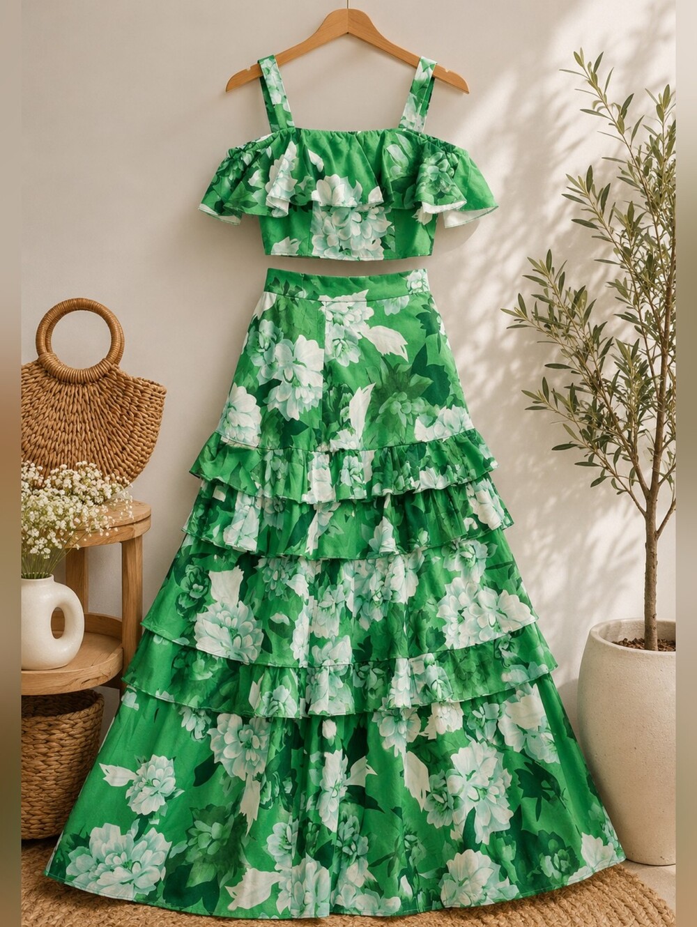 Green Floral Two Piece Set Tiered Maxi Skirt Ruffle Crop Top Resort Vacation